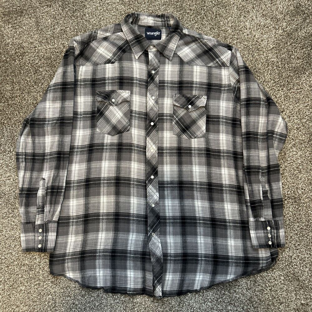 VTG Wrangler Western Pearl Snap Shirt Plaid Farm Rodeo Cowboy Sz 2XL TALL Grey